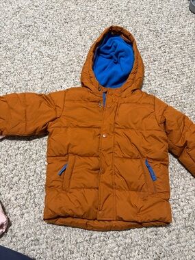 Kids Puffer Hooded Jacket in Rust with Blue Lining